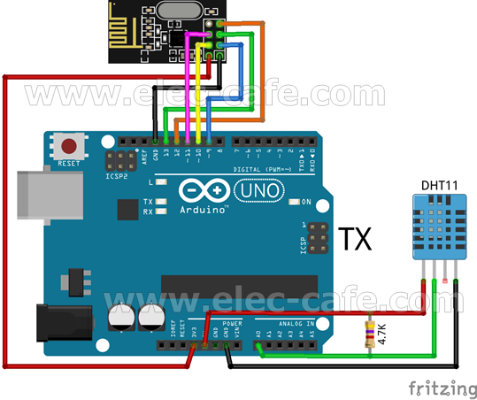 nRF24L01_DHT11_LCD_Arduino_UNO_TX_Elec-Cafe