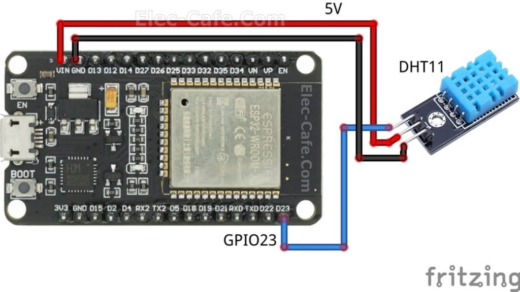 DHT11 Temperature Sensor Module connect to ESP32 Wiring Diagram