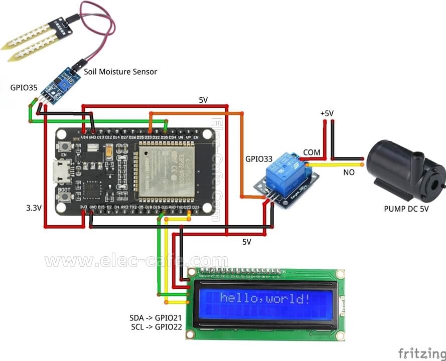 ESP32 with Soil Moisture Sensor Auto Control Pump Wiring Diagram